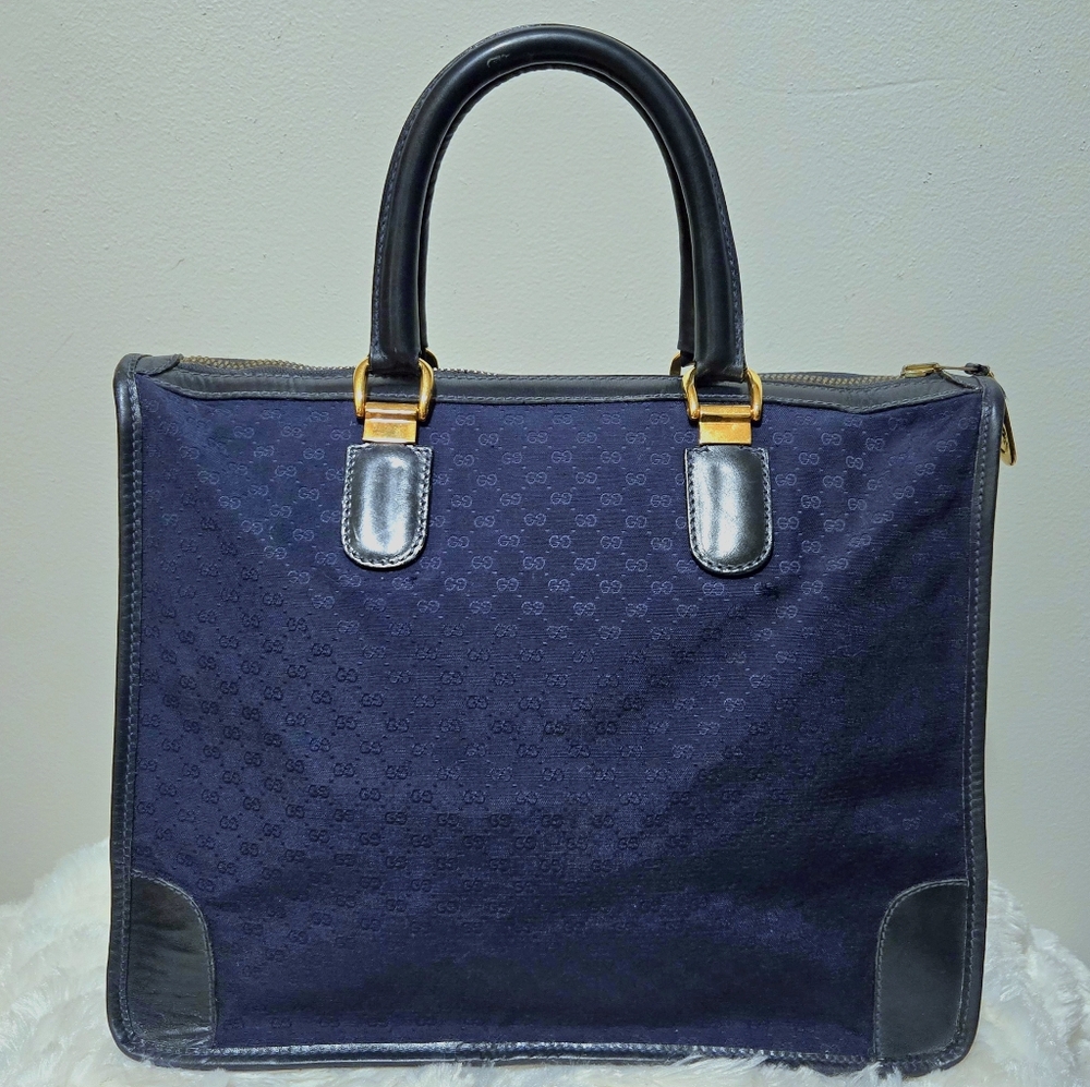 Gucci Vintage 1970s Blue Monogram Large Top Handle Tote Bag with COA - Picture 9 of 10